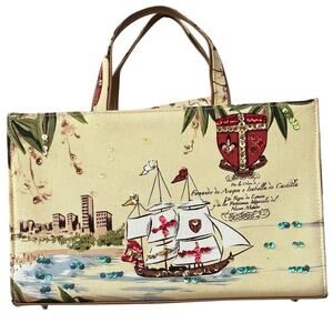 Vintage Tan Beaded Sailor Ship Purse